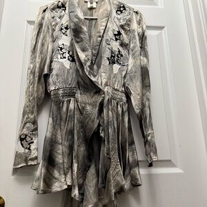 Gray Floral Embroidered/ textured Wrap Blouse